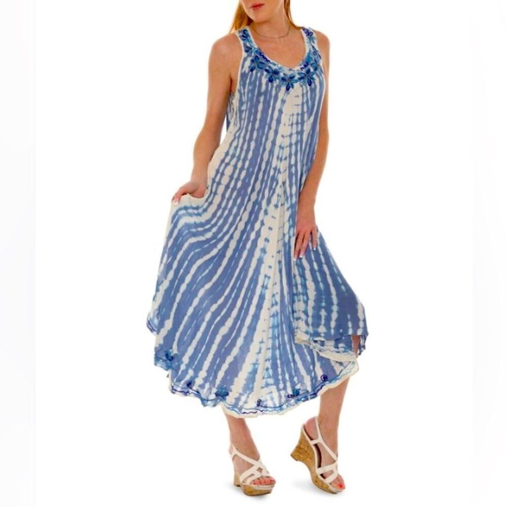 SHORELINE Summer Shift Dress Women Multiple Sizes Blue Tie-Dye Sleeveless NEW - Picture 4 of 12